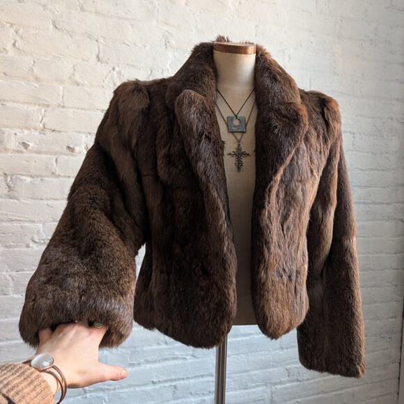 Vintage Brown Rabbit Fur Coat Crop Penny Lane Shaggy Furry Chic Mod Jacket - Picture 5 of 9